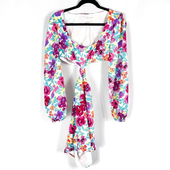 More to Come Sonya Cutout Dress White Purple Floral Mini Long Sleeve Sz M - Picture 5 of 16